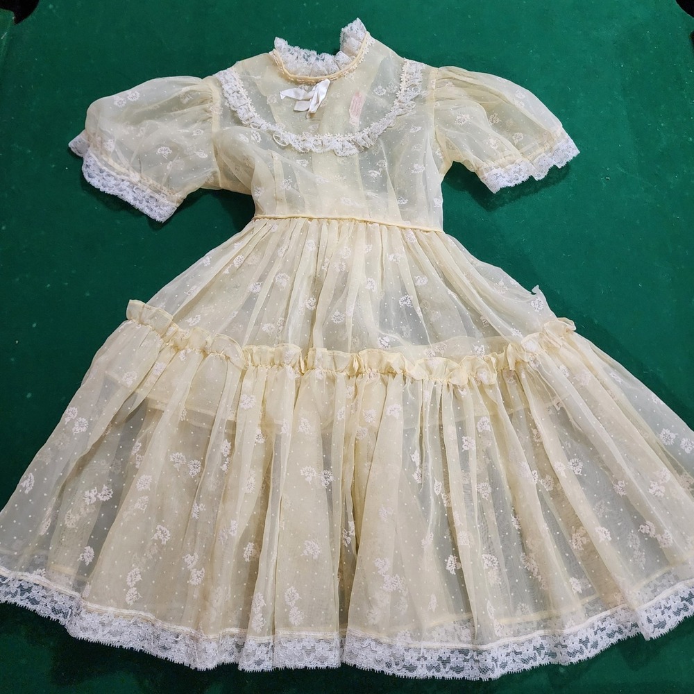 Vintage 1950s Helen Fenton Originals Girls Yellow Flocked Floral Lace Dress Sz 7